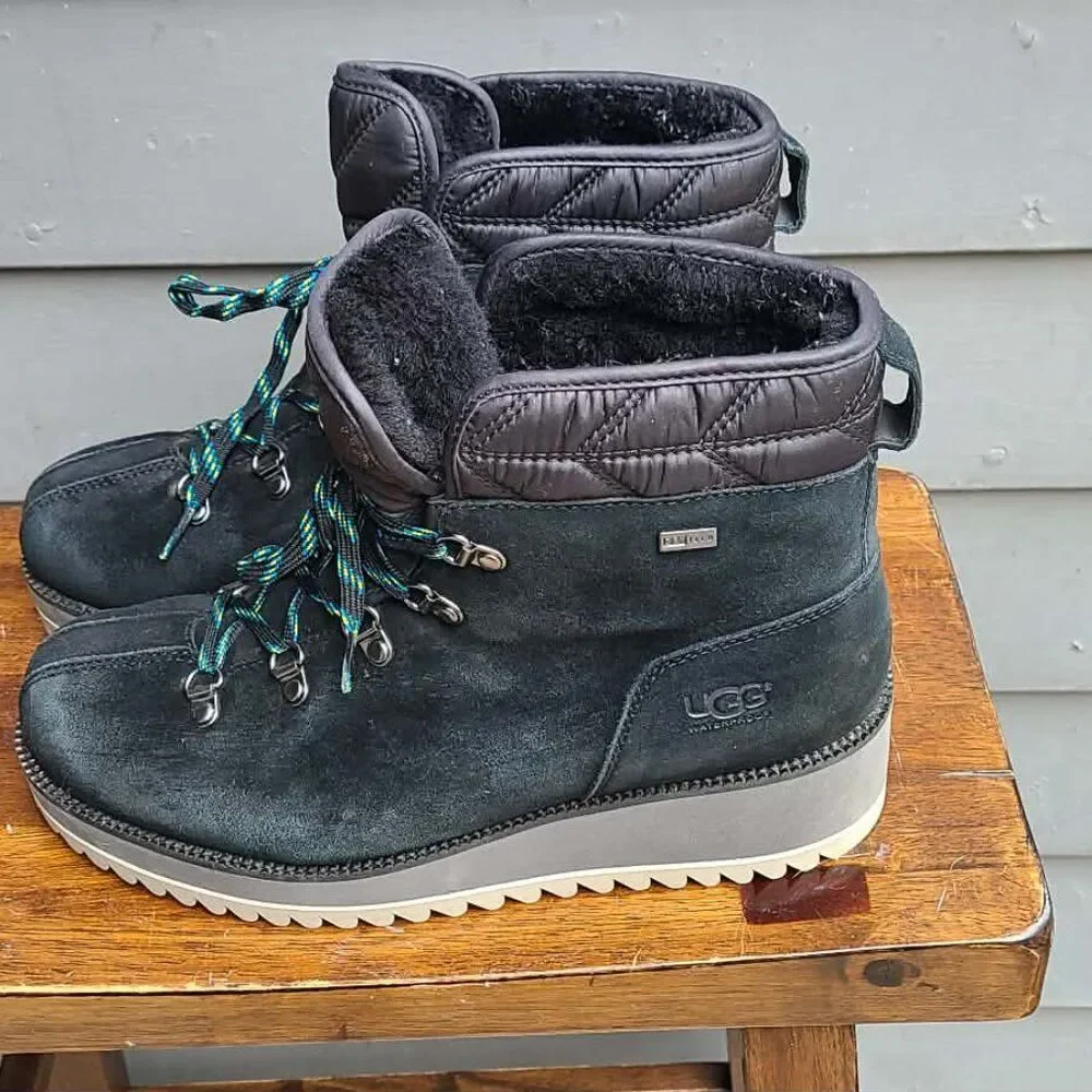 UGG Black Suede Shearling Birch Lace Up Boot size 8